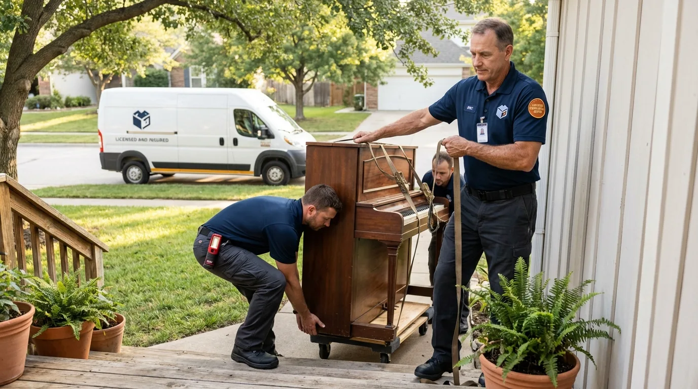 Licensed piano movers securing grand piano in Hopkinton, RI