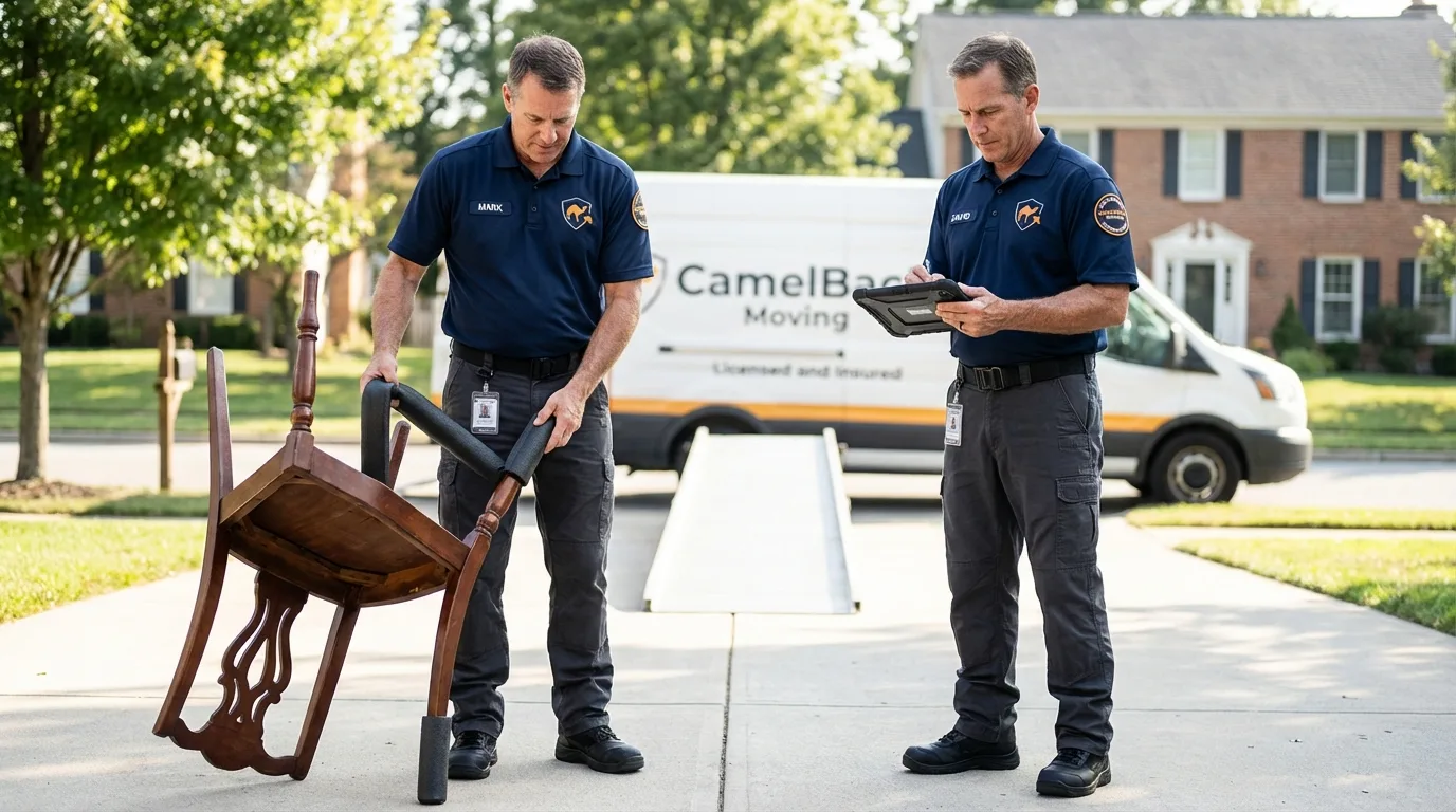 Movers inspecting furniture for damage prevention before loading in Hopkinton, RI