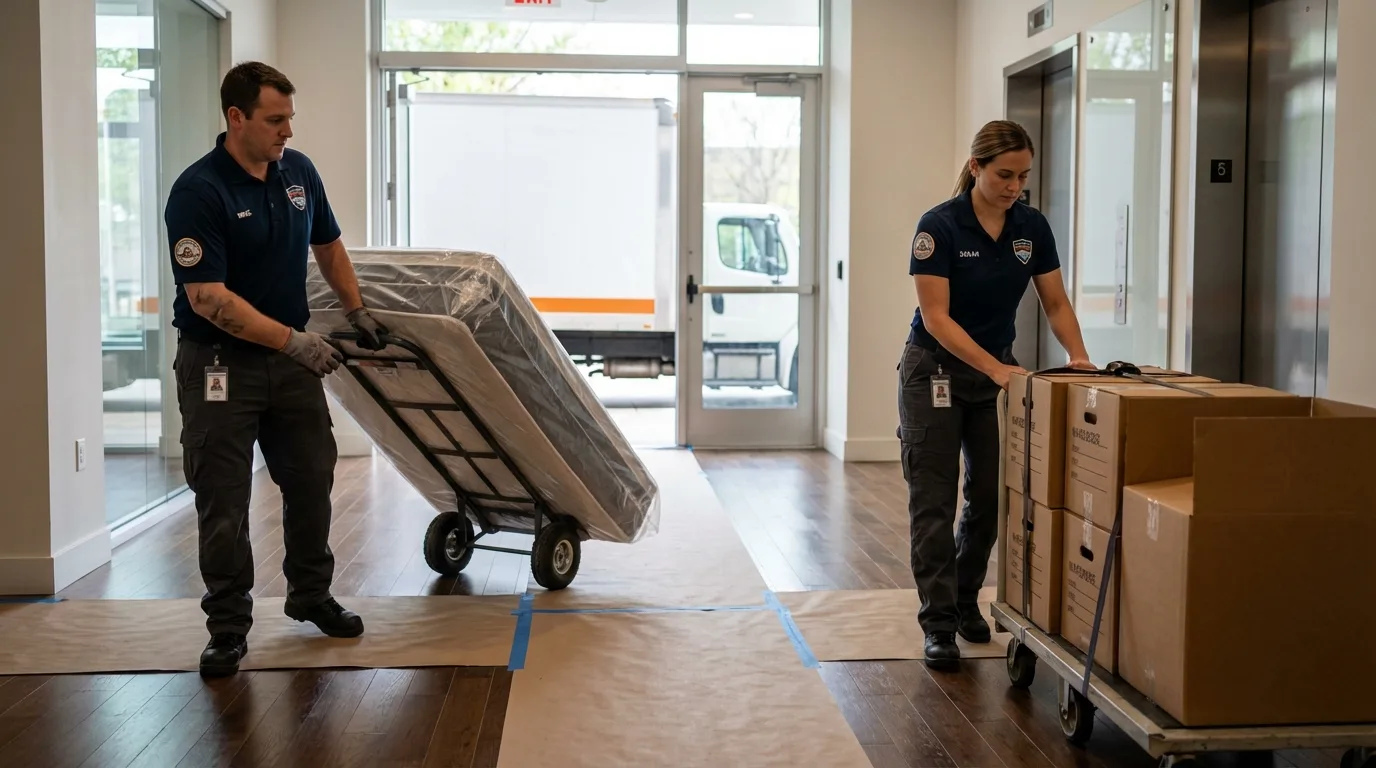 Professional apartment movers loading elevator in Hopkinton, RI