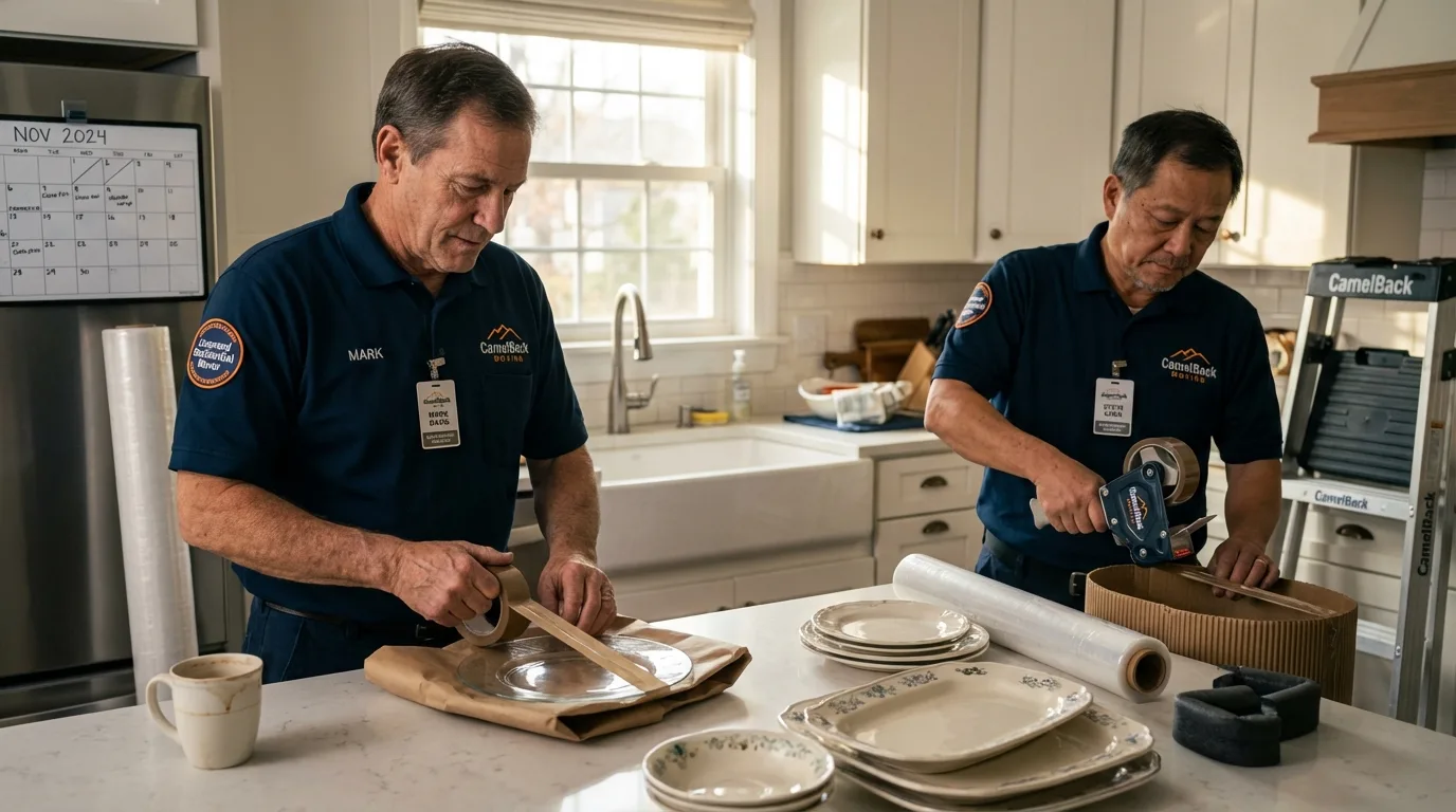 Professional crew packing kitchen dishware in Hopkinton, RI